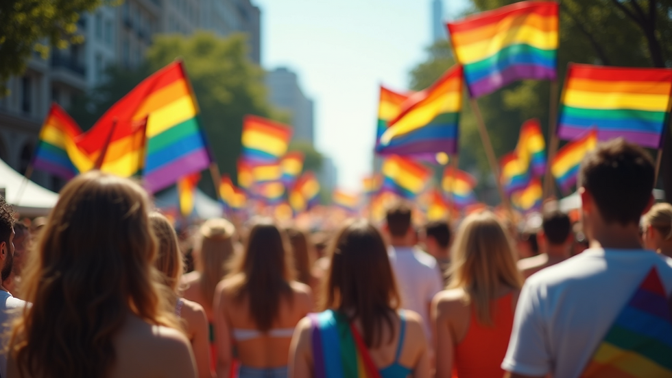 Wide angle view of a colorful Pride parade with flags waving