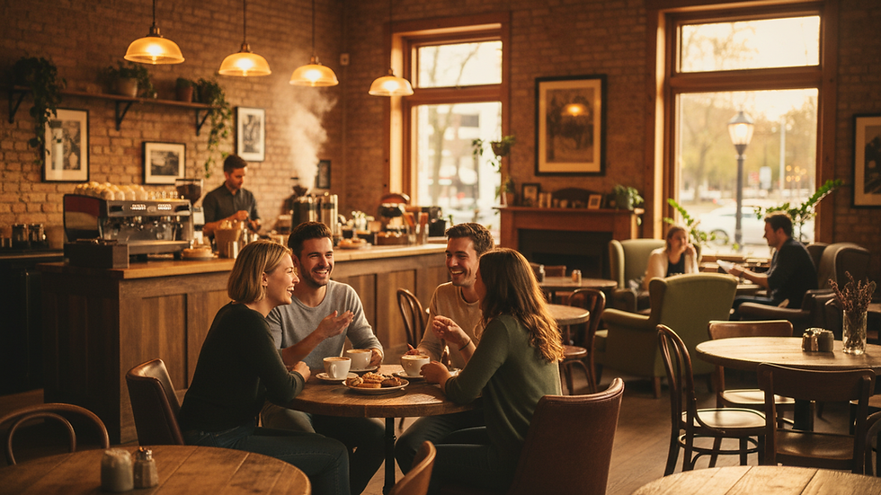 Eye-level view of a cozy cafe interior with warm lighting and wooden furniture