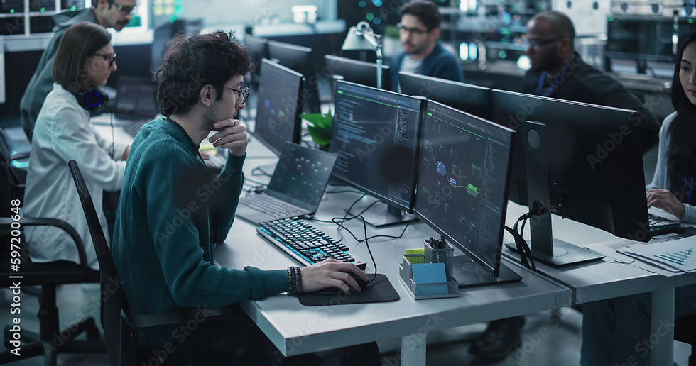 Team of developers in a modern office reviewing code on multiple monitors, with a focused, collaborative mood.