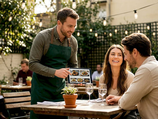 Server recommending dishes to restaurant guests