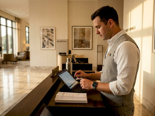 Reservation manager updating guest bookings at desk
