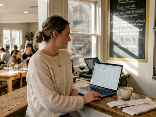 Manager using CRM at busy restaurant counter