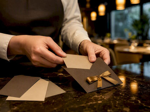 Restaurant operator preparing gift card packaging