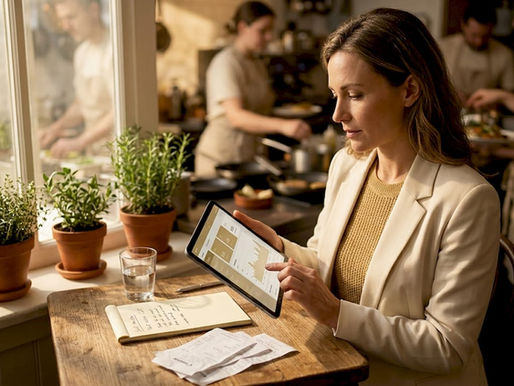 Restaurant manager checks sales data at busy table