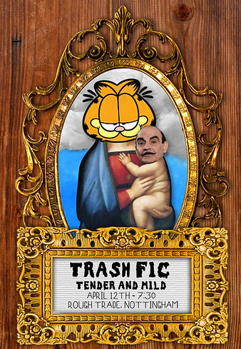 A parody of the Virgin Mary holding an infant Christ, where Mary has Garfield's head and the infant Jesus is Hercule Poirot.