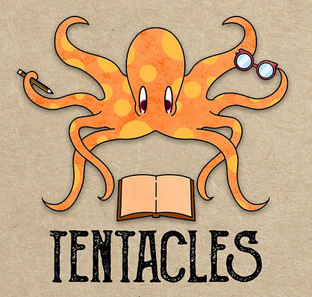 A logo featuring an orange octopus holding a pair of eyeglasses, a pencil, and a book with the word TENTACLES written below