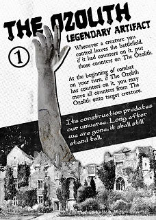 A Magic the Gathering proxy for the card The Ozolith, depicting a huge stone arm towering over a small English village.