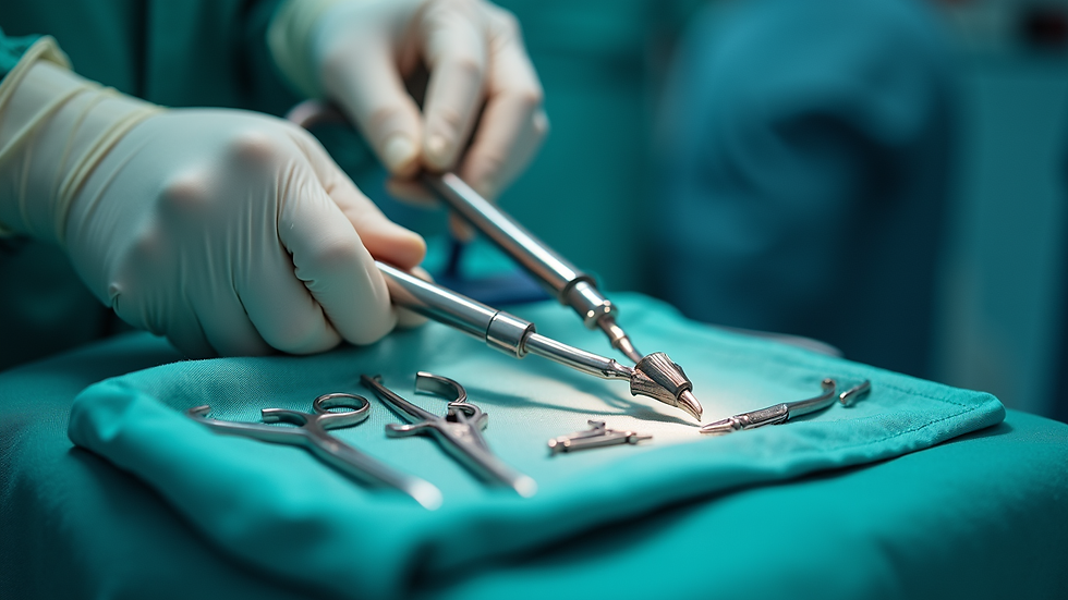 Close-up view of veterinary laparoscopic instruments on surgical tray