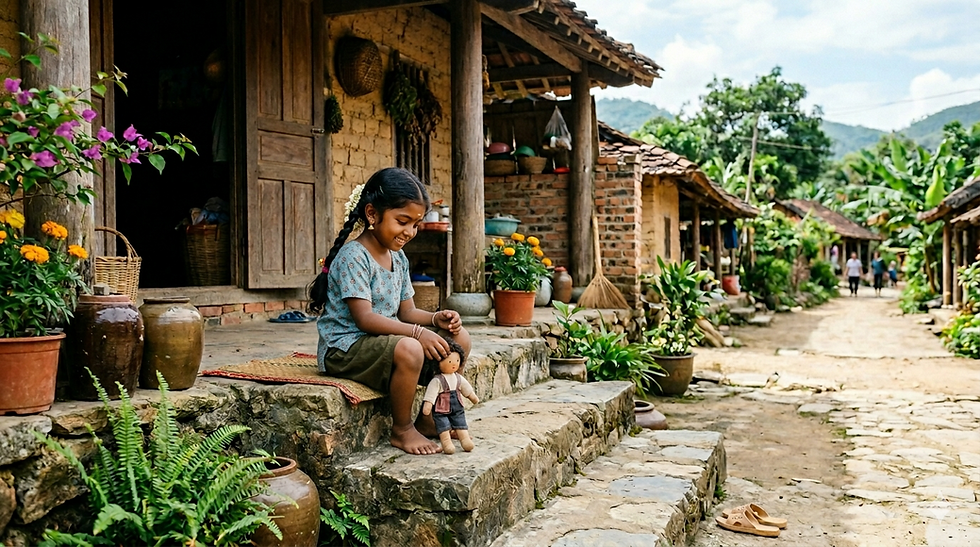a little girl playing with a doll on the steps just outside her house in an Asian village