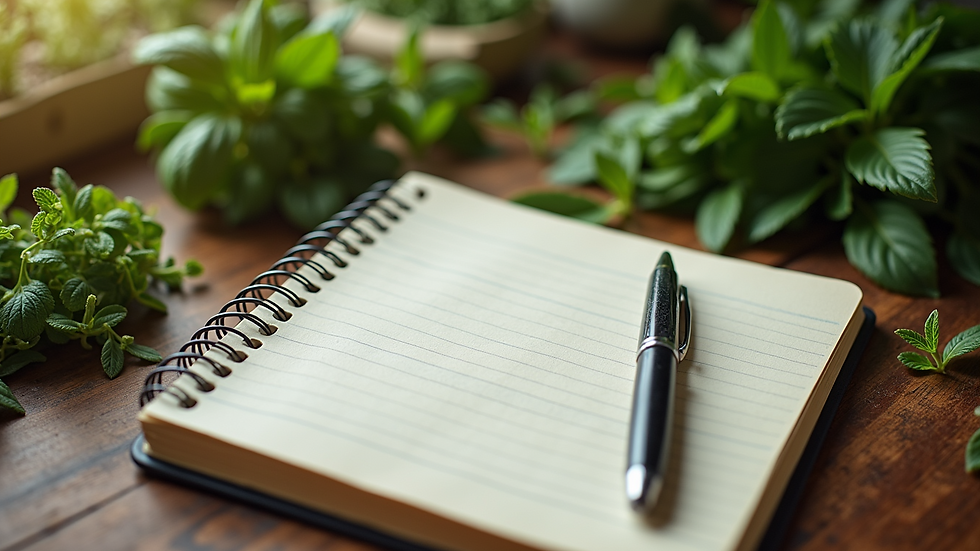 High angle view of a journal and pen on a wooden table
