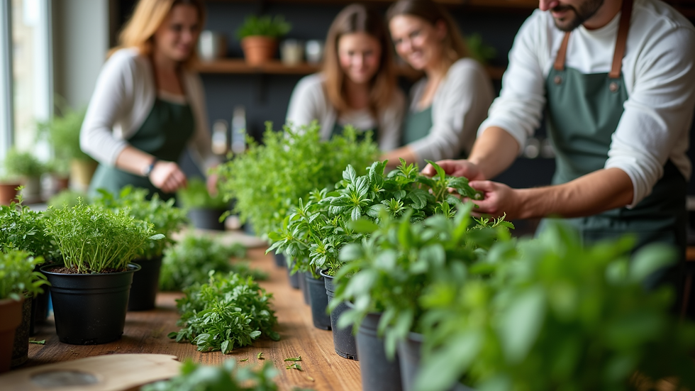 Eye-level view of a kitchen counter with fresh herbs in pots