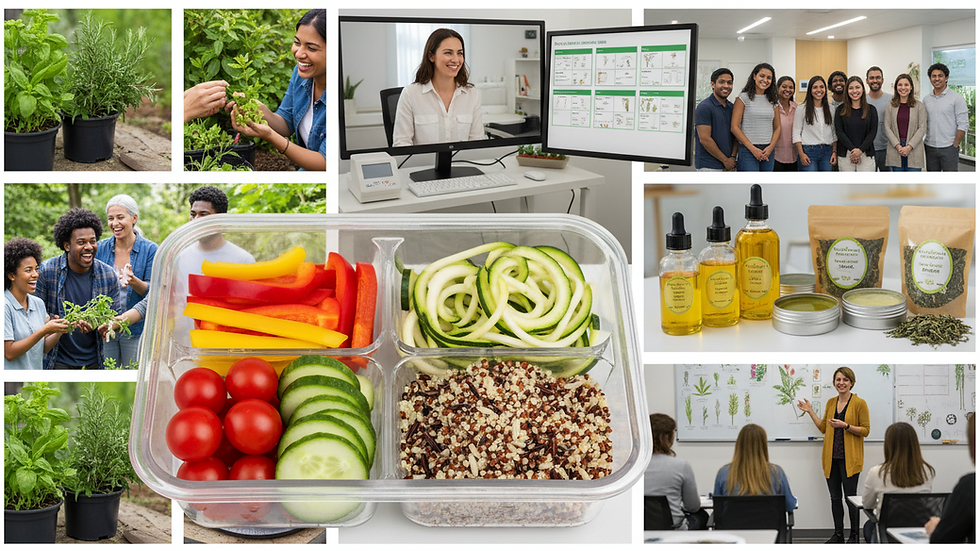 Eye-level view of a colorful meal prep container with fresh vegetables and grains