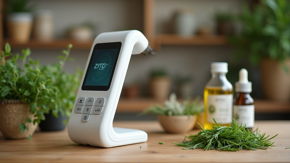 Close-up view of a ZYTO scan device on a wooden table