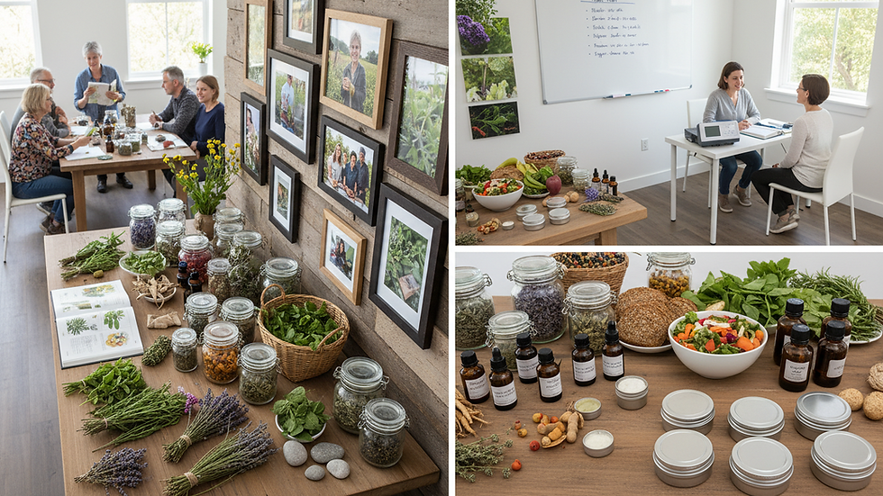 High angle view of a peaceful herbal workshop setting with plants and natural materials