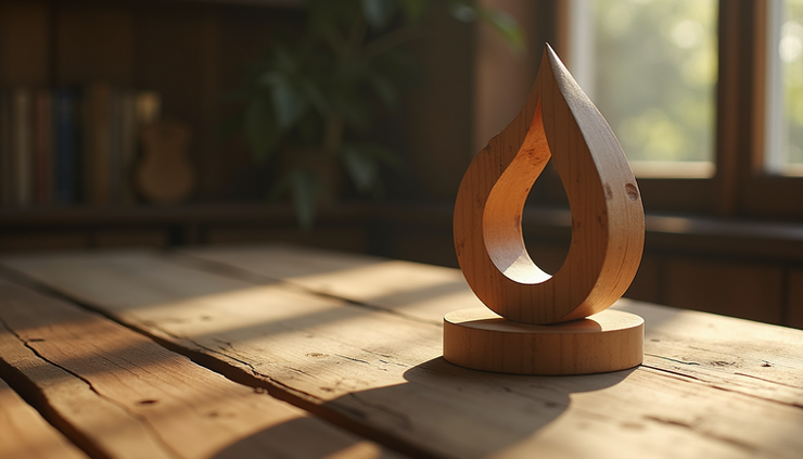 Eye-level view of a handcrafted wooden sculpture displayed on a rustic table