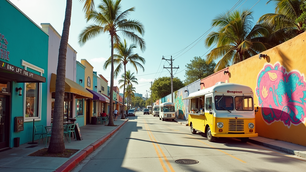 Vue de rue à Wynwood avec des food trucks et des murs peints colorés