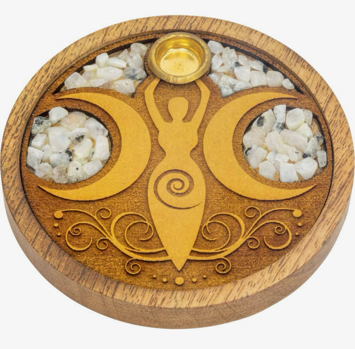 Laser Etched Wood Round Incense Holder - Moon Goddess w/ Rai