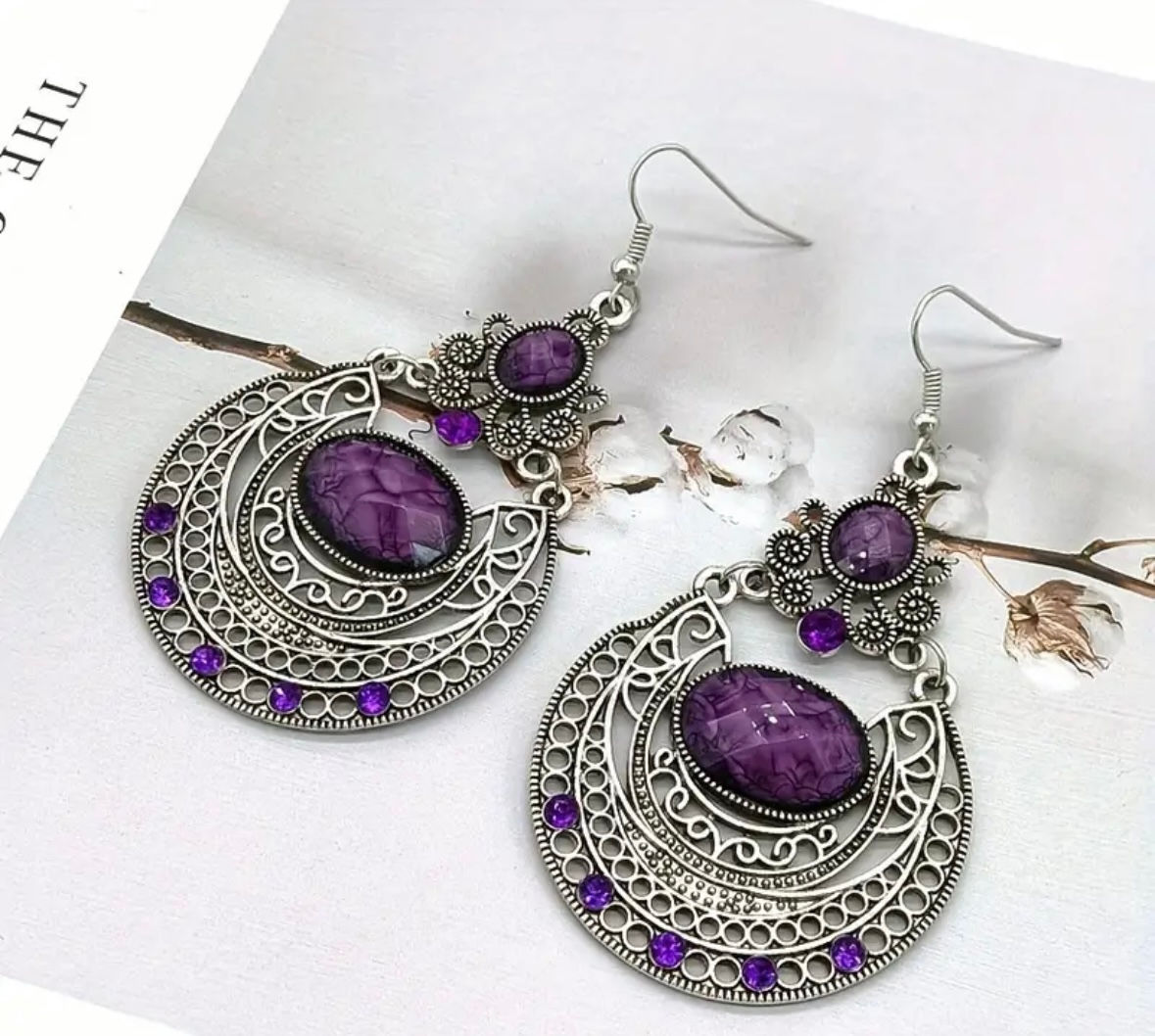 Vintage Carved Pattern Oval Purple Turquoise Inlaid Dangle Earrings