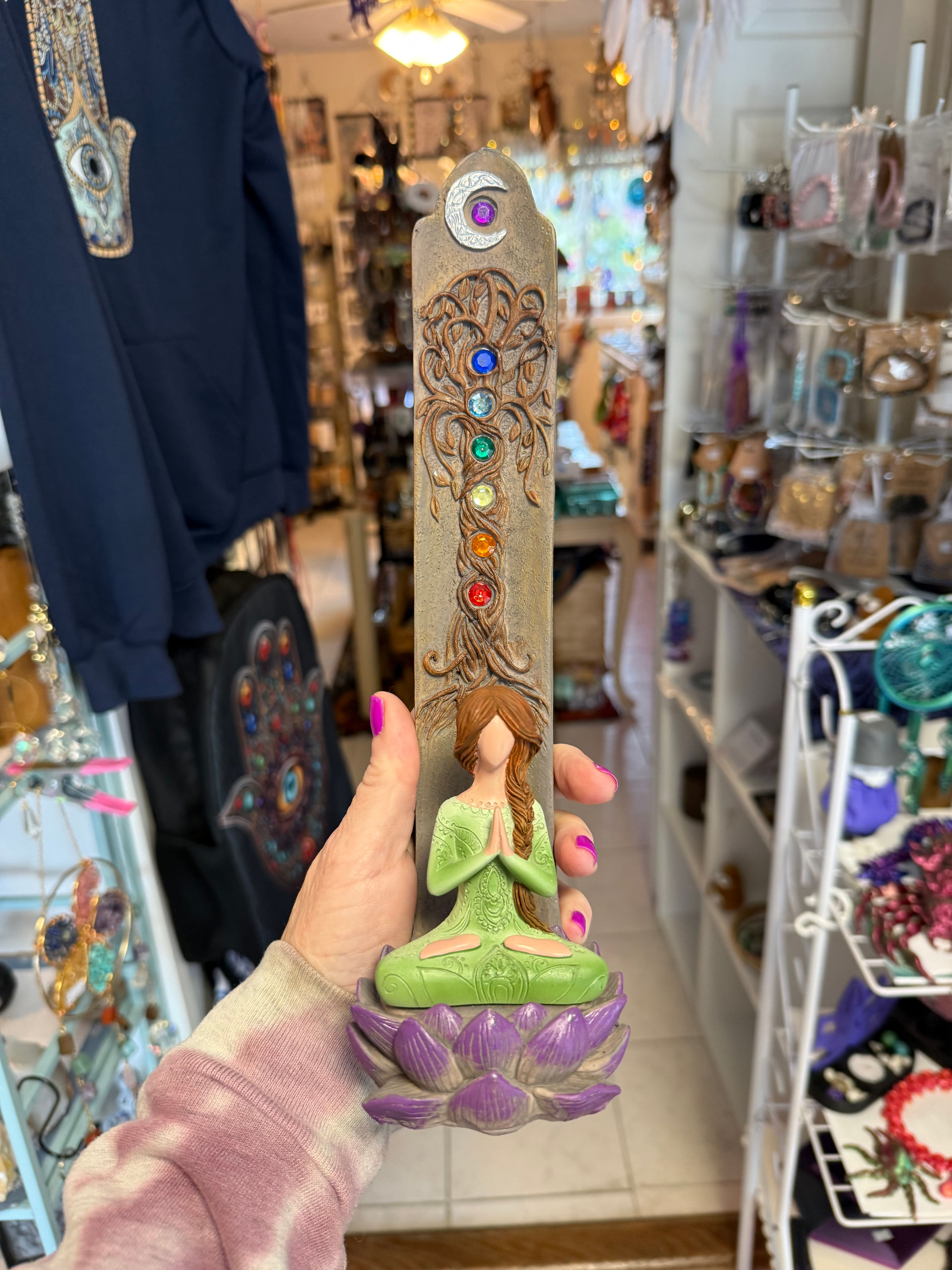 Polyresin Incense Holder - Yoga Goddess w/ Chakra Gems