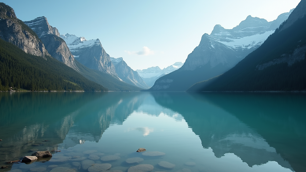 Eye-level view of majestic mountains reflected in a crystal-clear lake