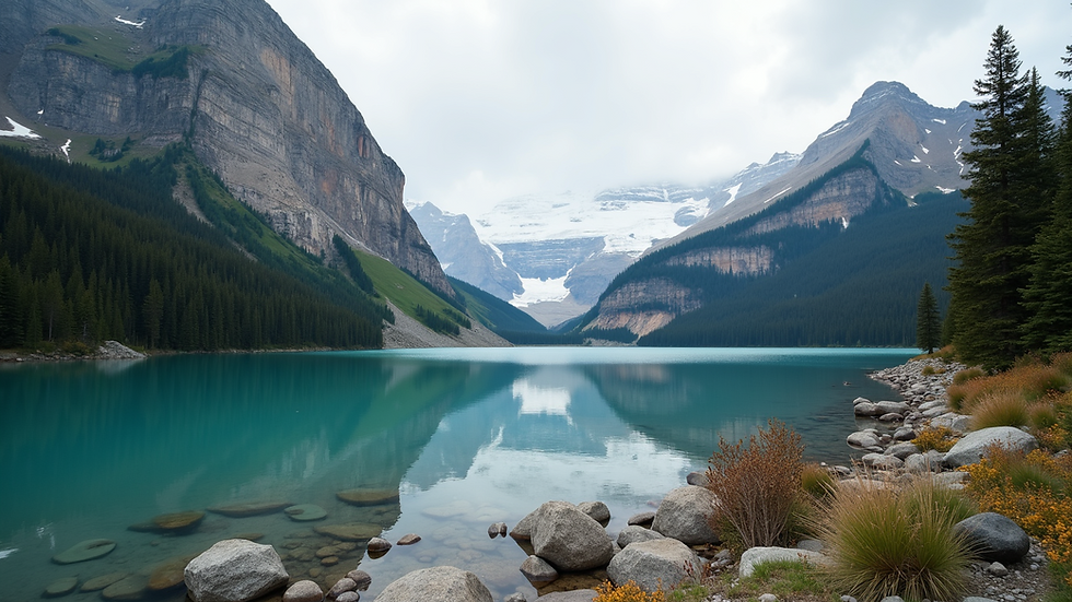 Wide angle view of a tranquil lake surrounded by Rocky Mountains