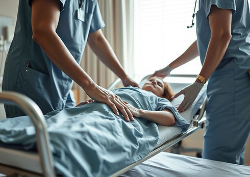 close-up on two healthcare providers transferring a patient from one bed to another on a d