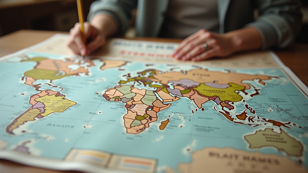 Wide angle view of a detailed travel map spread on a wooden table