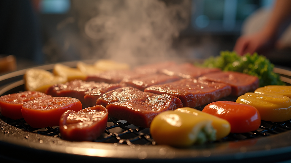 Close-up view of Korean barbecue grill with meat and vegetables