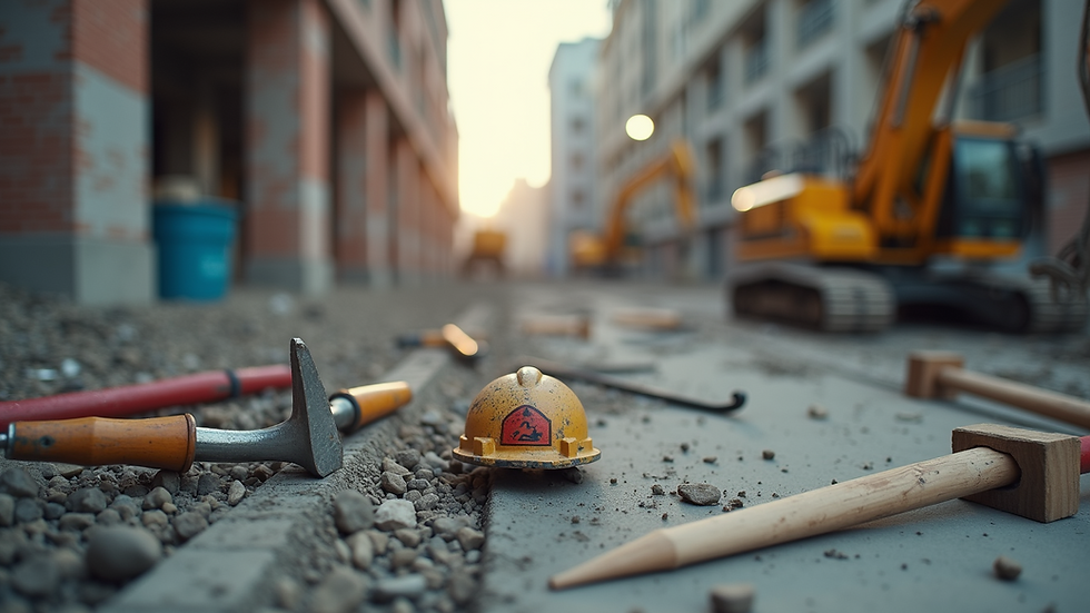 Eye-level view of a construction site with tools and materials