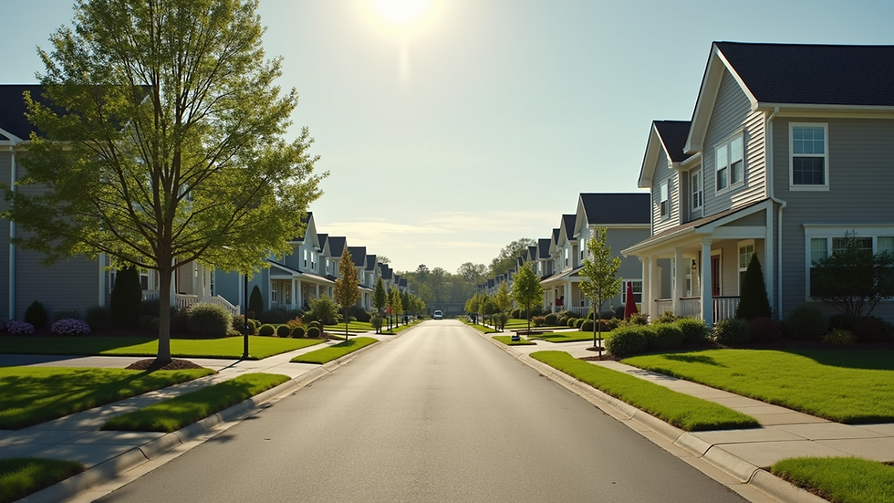 Eye-level view of a suburban neighborhood with well-maintained homes