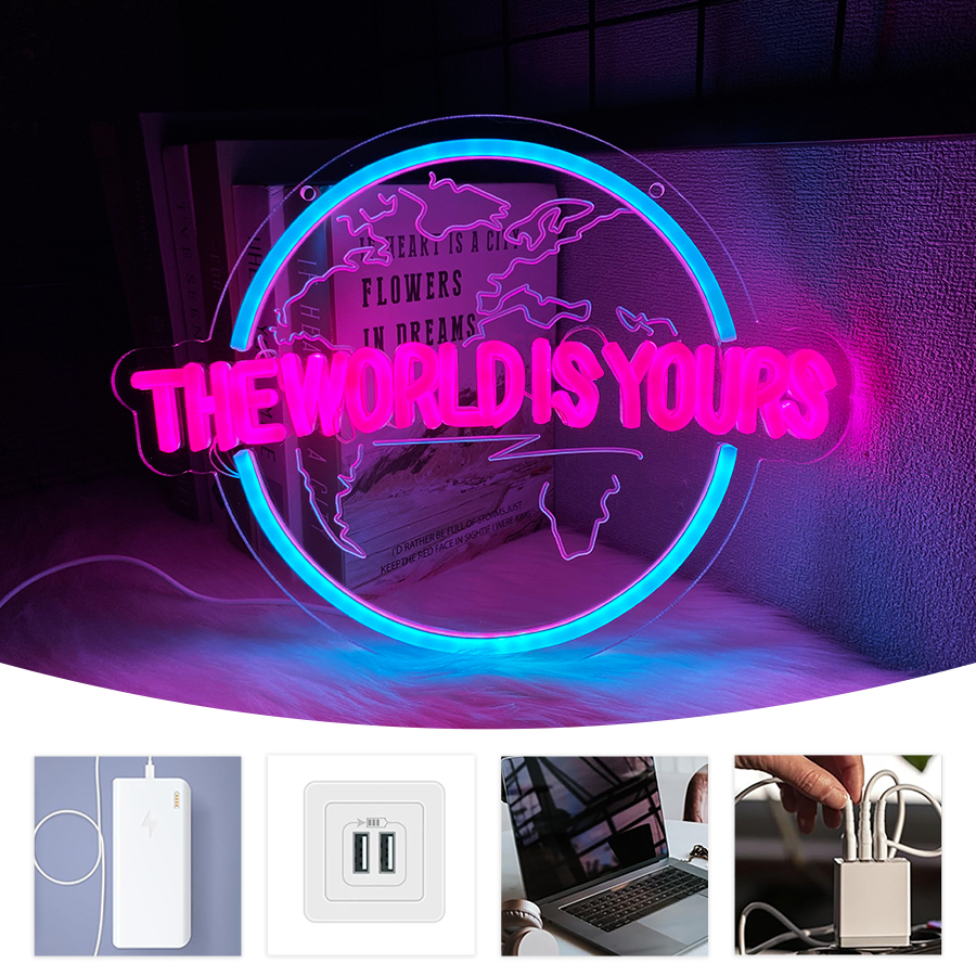 Earth neon sign mounted on a bedroom wall