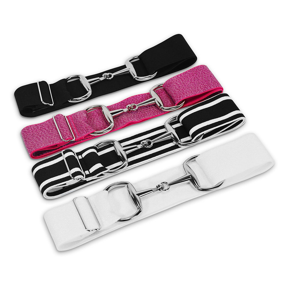 CELAEQ 4pc Gift Set -1.5 inch Stretch Elastic Equestrian Horse Riding Belts with Silver Bit Buckle for kids- black, sparkling white, black and white stripe, sparkling hot pink