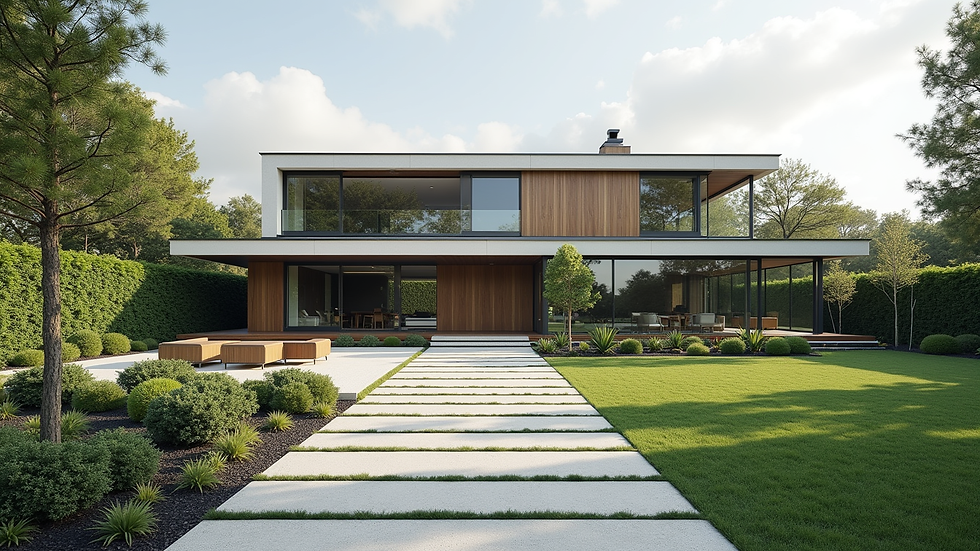 Wide angle view of modern house with garden and driveway