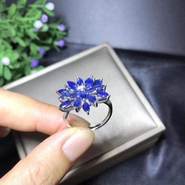 Miniature : Natural Sapphire Flower Ring,92.5 Silver Ring,Engagement Wedding Ring
