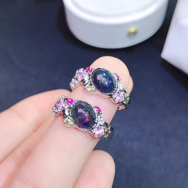 الصورة المصغرة: Natural Black Opal Ring 2 ct,92.5 Silver Ring,Engagement Wedding Ring