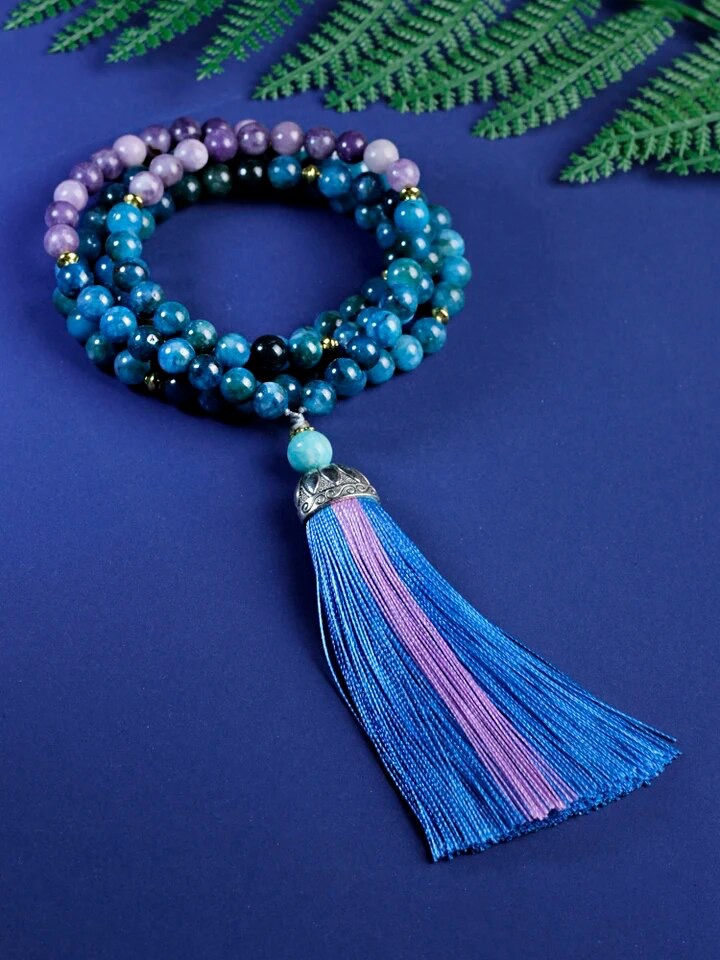 Thumbnail: Apatite Japa Mala,Tassel Necklace,108 Prayer Healing Yoga Meditation Beads