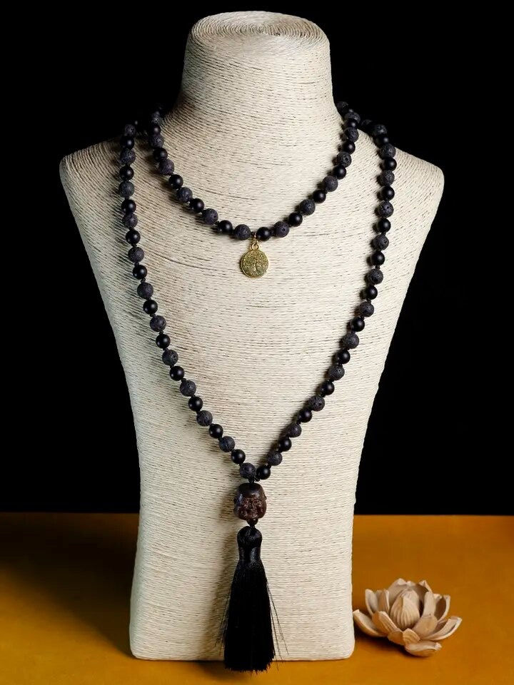 Miniaturbild: 108 Mala Beaded Necklace Volcanic Stone Black Onyx Tassel Knotted Necklace Yoga