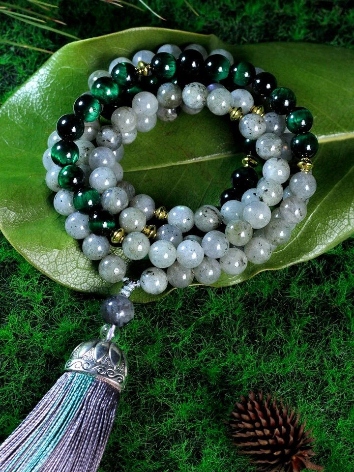 Thumbnail: Labradorite Japa Mala,Tassel Necklace,108 Tigereye Prayer Yoga Meditation Beads
