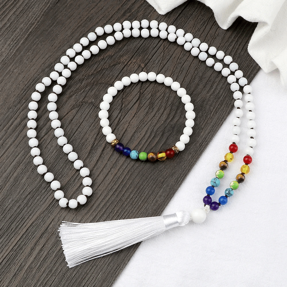 Miniaturbild: 6mm White Agate Necklace+Bracelet,108 Bead Mala PrayerY oga 7 Chakra Necklace