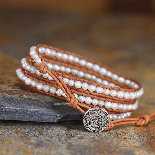 Miniaturbild: Vintage Wrap Bracelets 4mm Freshwater Pearl Triple Statement Bracelet Bijoux Boh