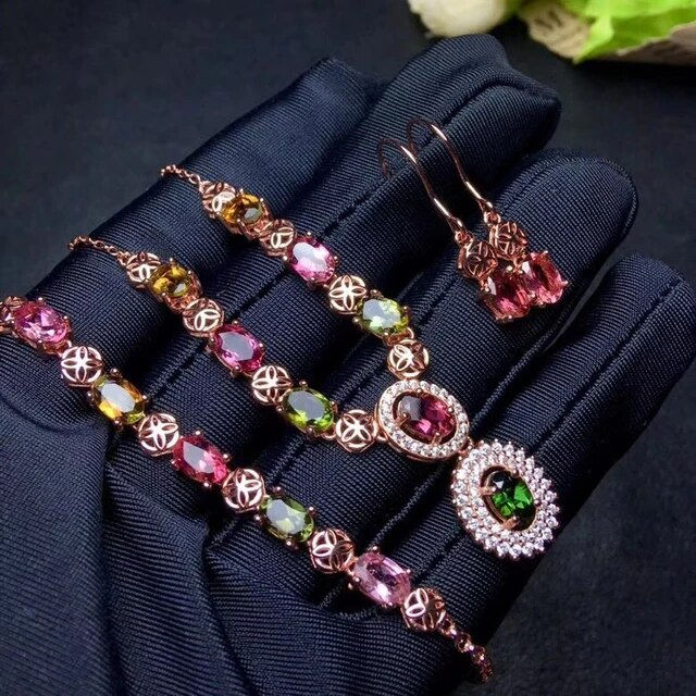 الصورة المصغرة: Natural Tourmaline Jewelry Set,925 Silver Ring,Tourmaline Necklace & Earrings