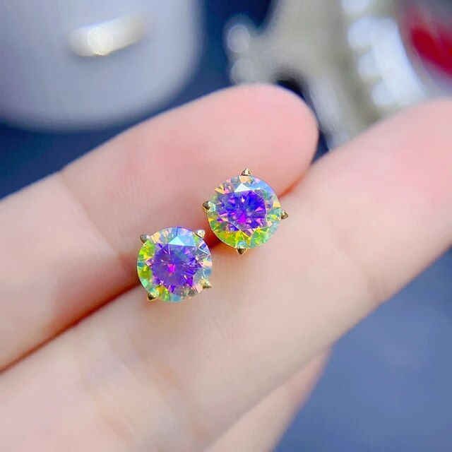 Miniature : Natural Rainbow Moissanite Earrings,925 Silver Earrings ,Gemstone Stud Earrings