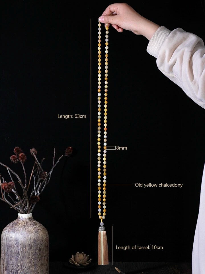 الصورة المصغرة: Yellow Chalcedony Japa Mala,Tassel Necklace,108 Prayer Yoga Meditation Beads
