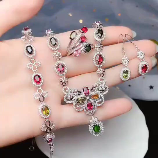 Miniaturbild: Natural Tourmaline Jewelry Set,925 Silver Ring,Tourmaline Necklace & Earrings