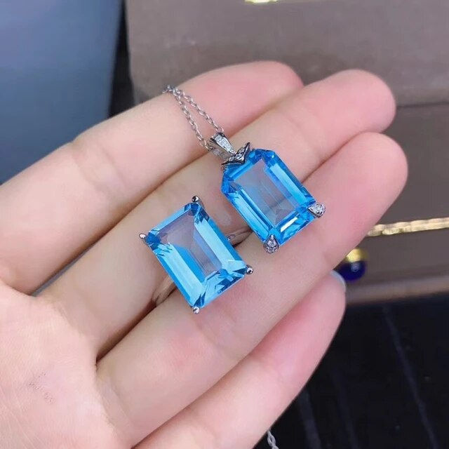 Miniatura: Natural Blue Topaz Jewelry Set,925 Silver Ring,Topaz Necklace & Ring