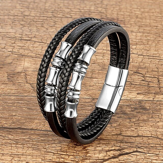 Miniatura: Stainless Steel Bracelet Men Wrist Band Black Woven Leather Rope Punk Bracelet