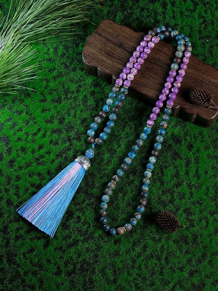 Miniature : Purple Jasper Japa Mala,Tassel Necklace,108 Prayer Healing Yoga Meditation Beads