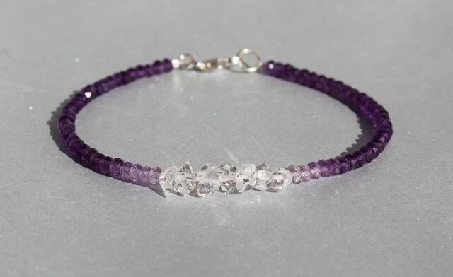 الصورة المصغرة: Amethyst Bracelet with Herkimer Diamond, February Birthstone, Herkimer Bracelet