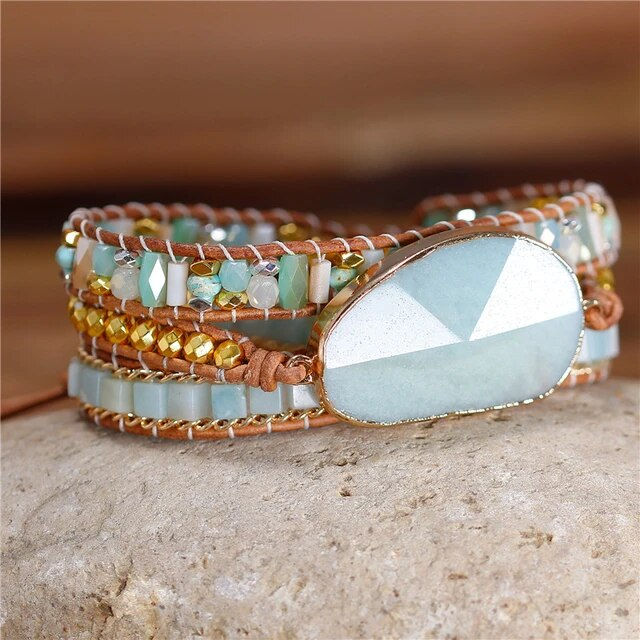 Miniaturbild: Amazonite Beads 3 Times Leather Wrap Around Bracelet Multilayer Leather Bracelet