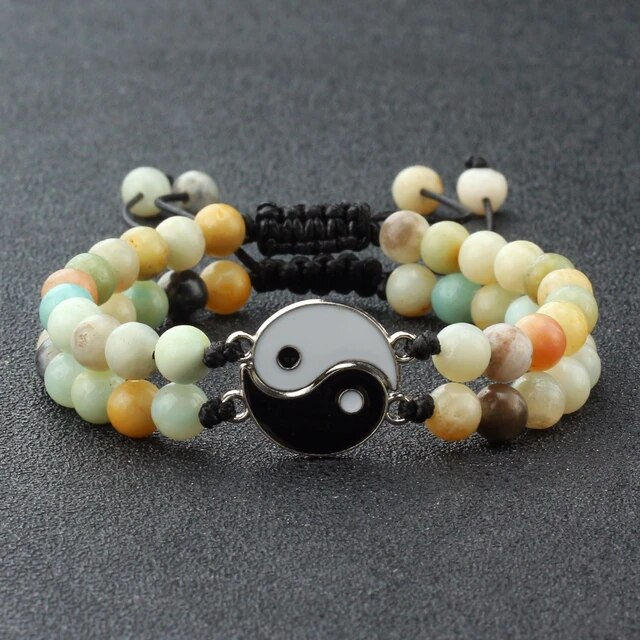 Thumbnail: 2pc Yin Yang Selenite Turquoise Beads Bracelet  Tai Chi Pendant Charms Bracelet